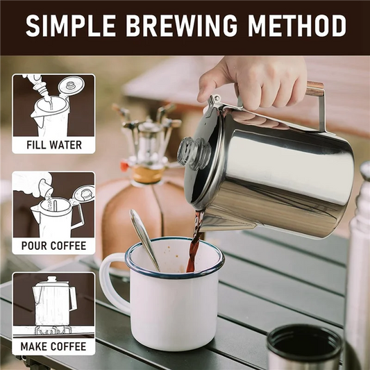 Heritage Stainless Steel Camp Percolator displayed at an angle showing the handle, spout, and durable construction for outdoor campfire brewing