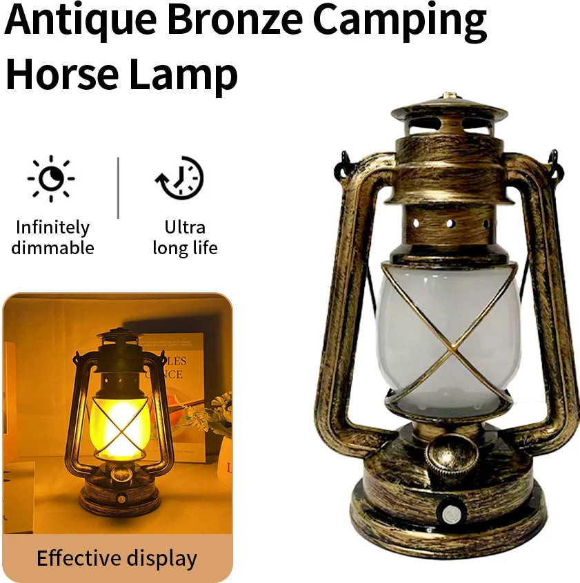 USB Rechargeable Retro Camp Lantern with brass accents displayed at night, glowing warm light in outdoor camping setting