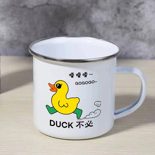 Personalized Enamel Camp Mug displayed at angle showing custom name and logo detail on 350ml capacity vessel