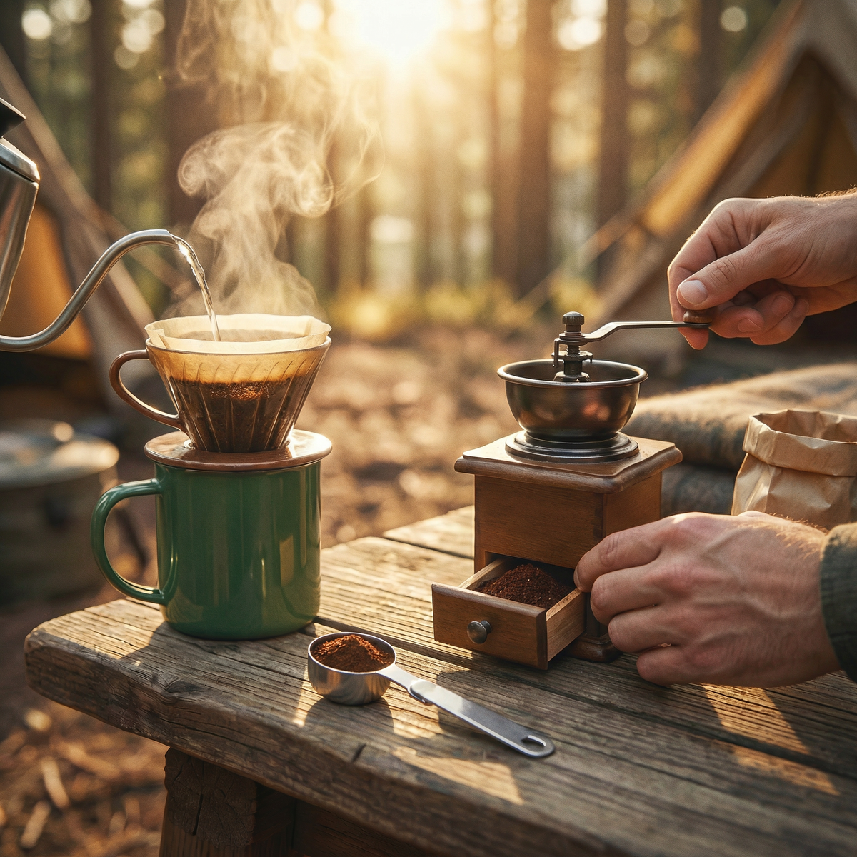 Complete Outdoor Coffee Kit percolator brewing coffee over a campfire with stainless steel pot and camping gear on a wooden table