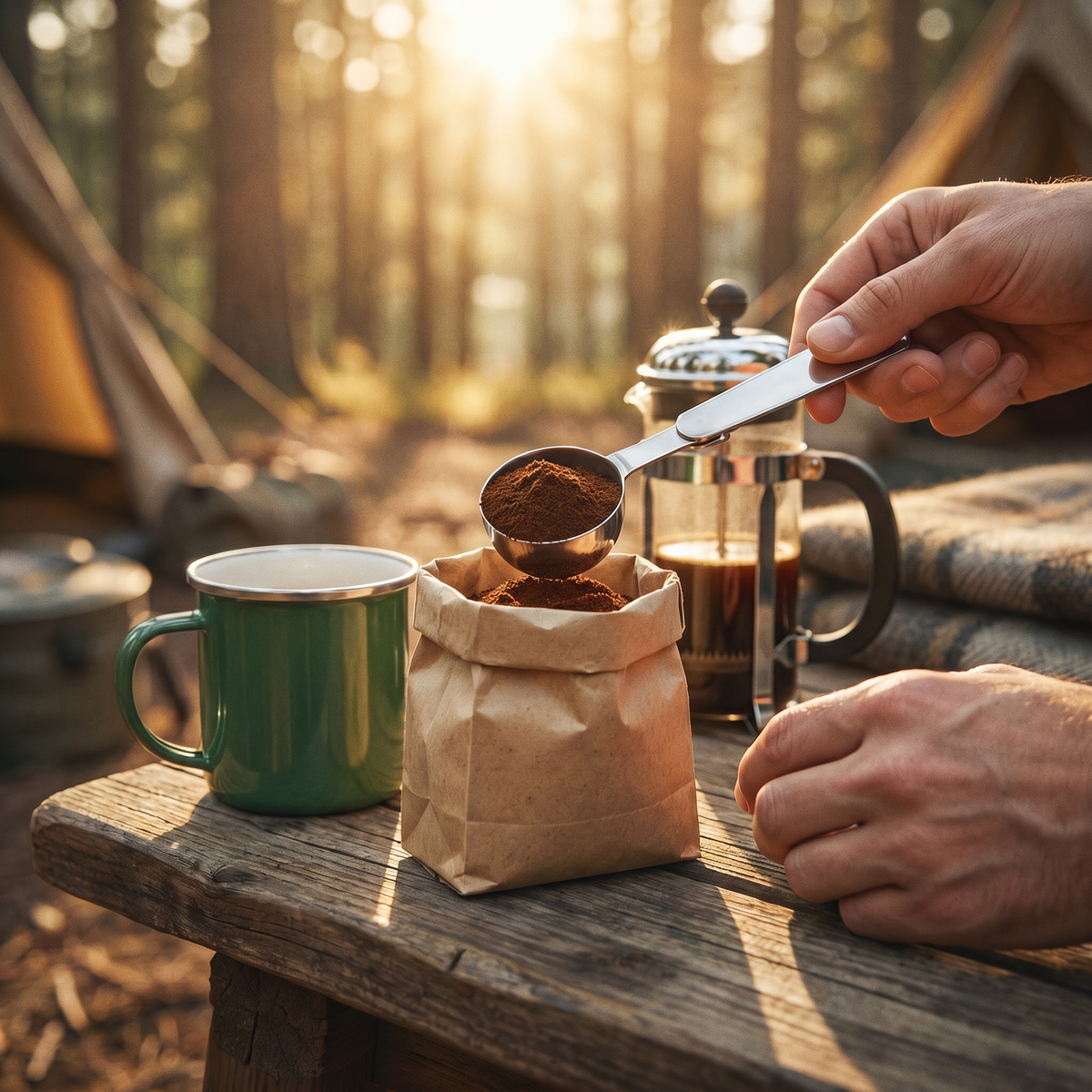 Stainless Steel Folding Coffee Scoop being used to measure grounds into a camping coffee maker outdoors