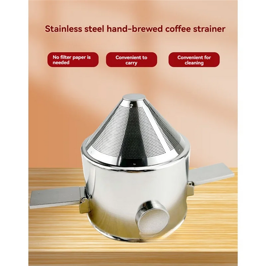 Stainless Steel Reusable Pour-Over Coffee Dripper shown from side angle displaying the cone shape and drainage holes