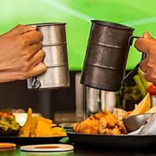 Vintage Oil Barrel Stainless Steel Camp Mug displayed at side angle showing cylindrical shape and 350ml capacity