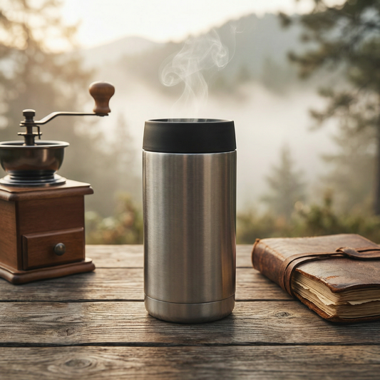 Ridgebrew 500ml Double-Wall Vacuum Insulated Camp Mug in stainless steel, angled side view showing cylindrical profile and grip design