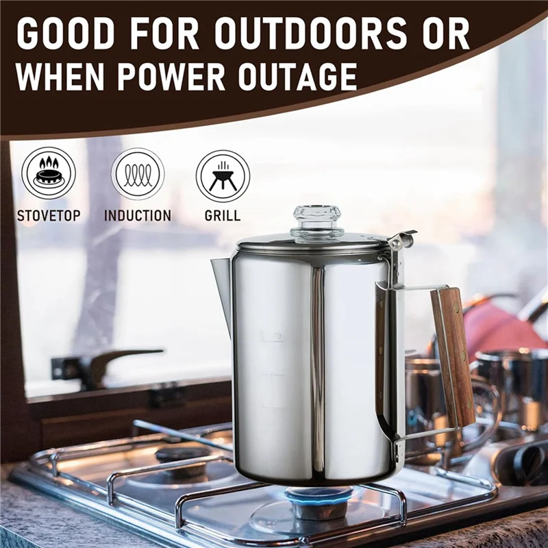 Heritage Stainless Steel Camp Percolator showing durable stainless steel construction and heat-resistant handle detail for campfire brewing