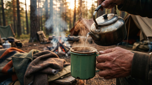 Drip coffee bags and camping coffee gear laid out on a wooden camp table in a forest setting