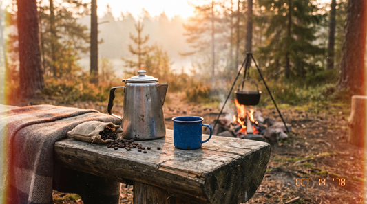 Complete camping coffee gear collection including percolator, grinder, mugs, and filters at a campsite