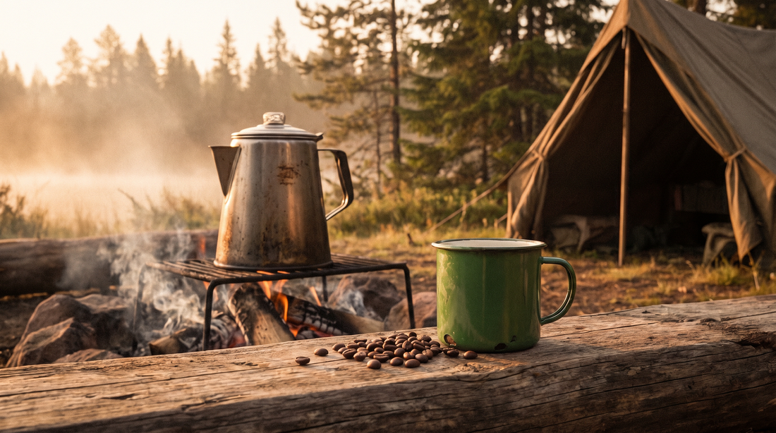 Camp percolator with coffee grounds and water being measured at a rustic outdoor campsite