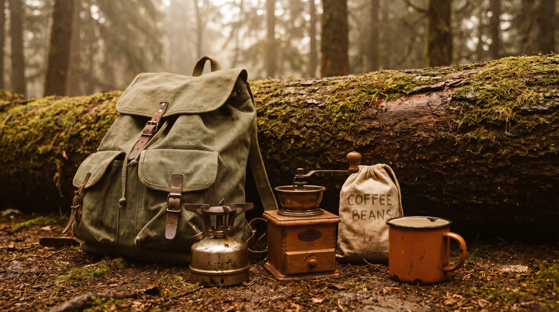 Compact coffee gear neatly packed in a backpack with a mountain trail in the background