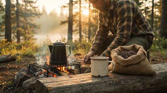 Person enjoying a cup of coffee outdoors surrounded by nature with warm golden hour lighting
