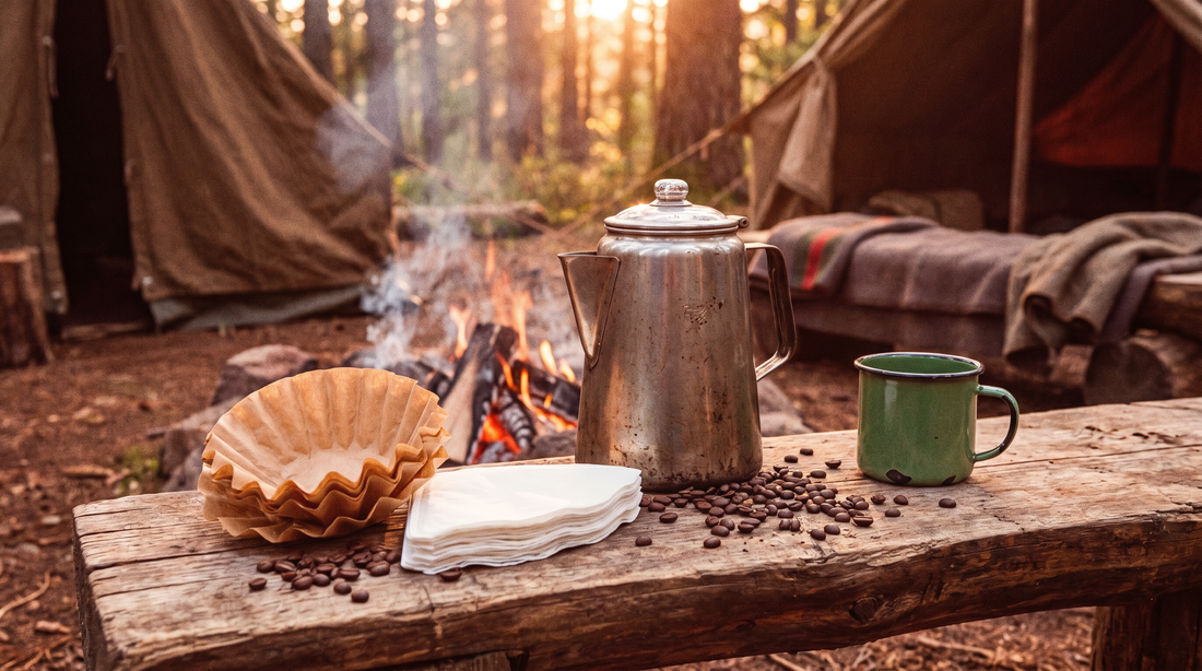 Unbleached and bleached coffee filters next to a camp percolator in a vintage outdoor setting