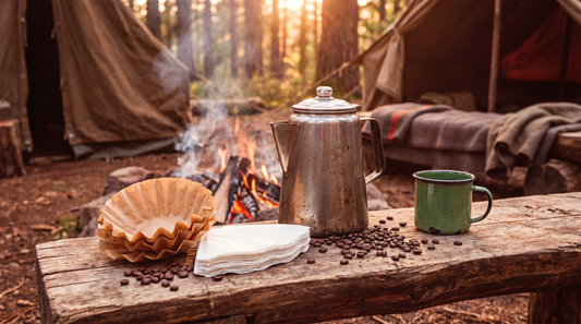 Unbleached and bleached coffee filters next to a camp percolator in a vintage outdoor setting