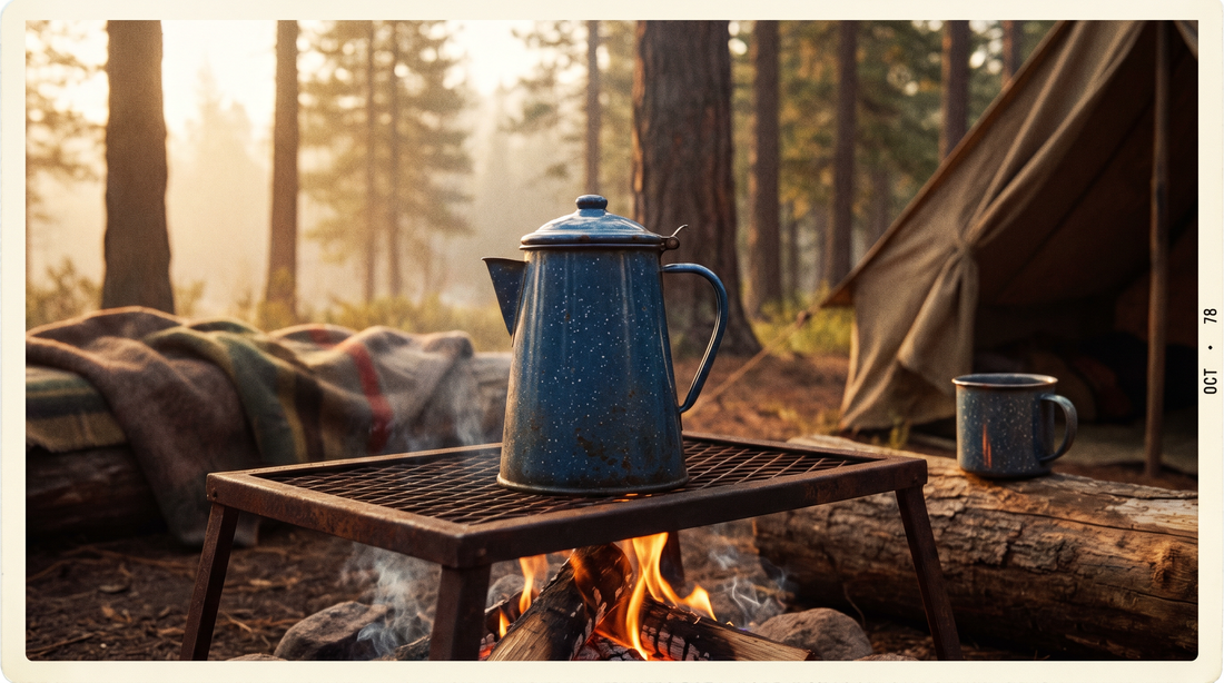 Vintage enamel coffee pot sitting on a campfire grate with warm amber light and forest backdrop