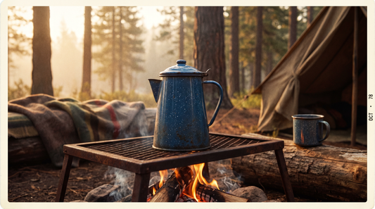 Vintage enamel coffee pot sitting on a campfire grate with warm amber light and forest backdrop