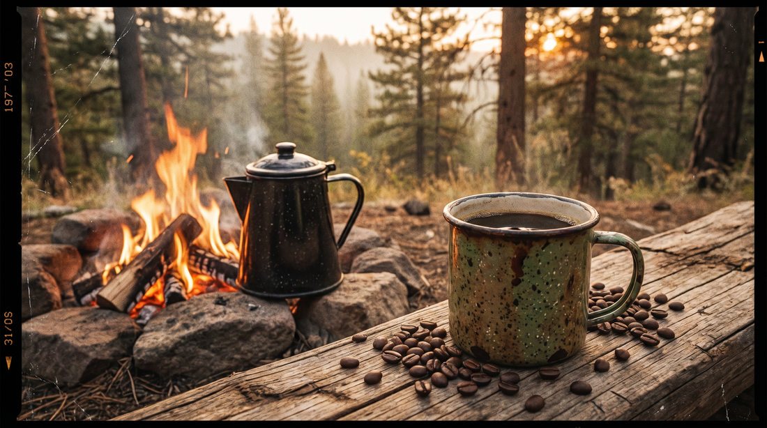 Cowboy-style coffee brewing in an enamel pot over a campfire with a rustic mug nearby