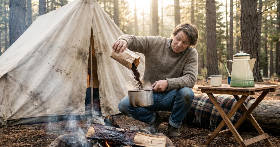 A camper pouring coffee grounds into a pot at a campsite with a percolator nearby - 5 Camping Coffee Mistakes