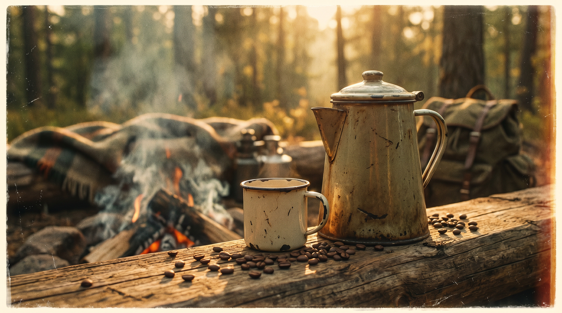 Vintage camp coffee percolator and enamel mug on a rustic wooden log beside a campfire in the wilderness