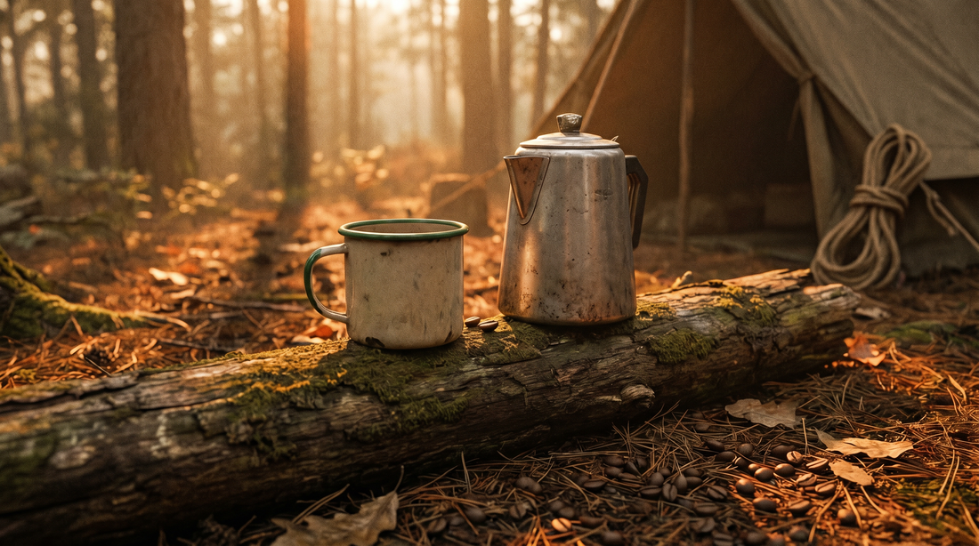 Eco-friendly camping coffee setup in a pristine natural environment with reusable brewing gear