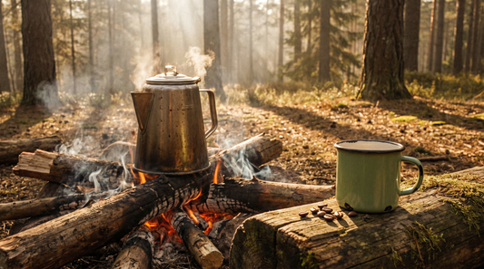 Camp percolator brewing coffee over a campfire with steam rising in golden morning light