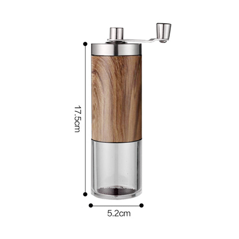 Wood-grain hand coffee grinder dimensions: about 17.5 cm tall and 5.2 cm wide