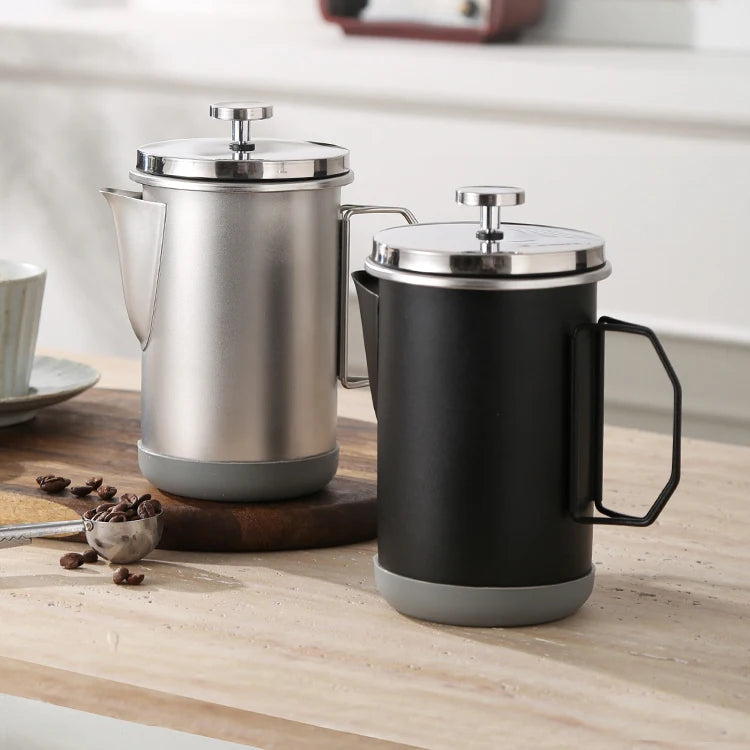 Camp Edition Stainless Steel French Press 1000ml displayed front-on, showing the full brew chamber and handle against a neutral background