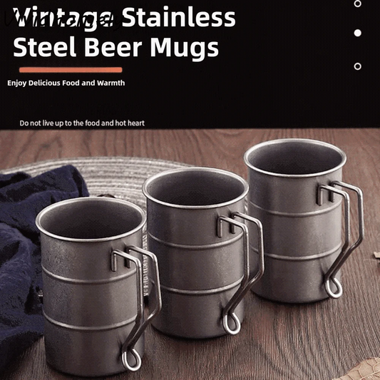 Vintage Oil Barrel Stainless Steel Camp Mug front view showing cylindrical design with 350ml capacity