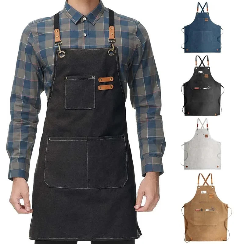 Waxed Canvas Barista Apron displayed flat, showing front pocket detail and adjustable straps against neutral background