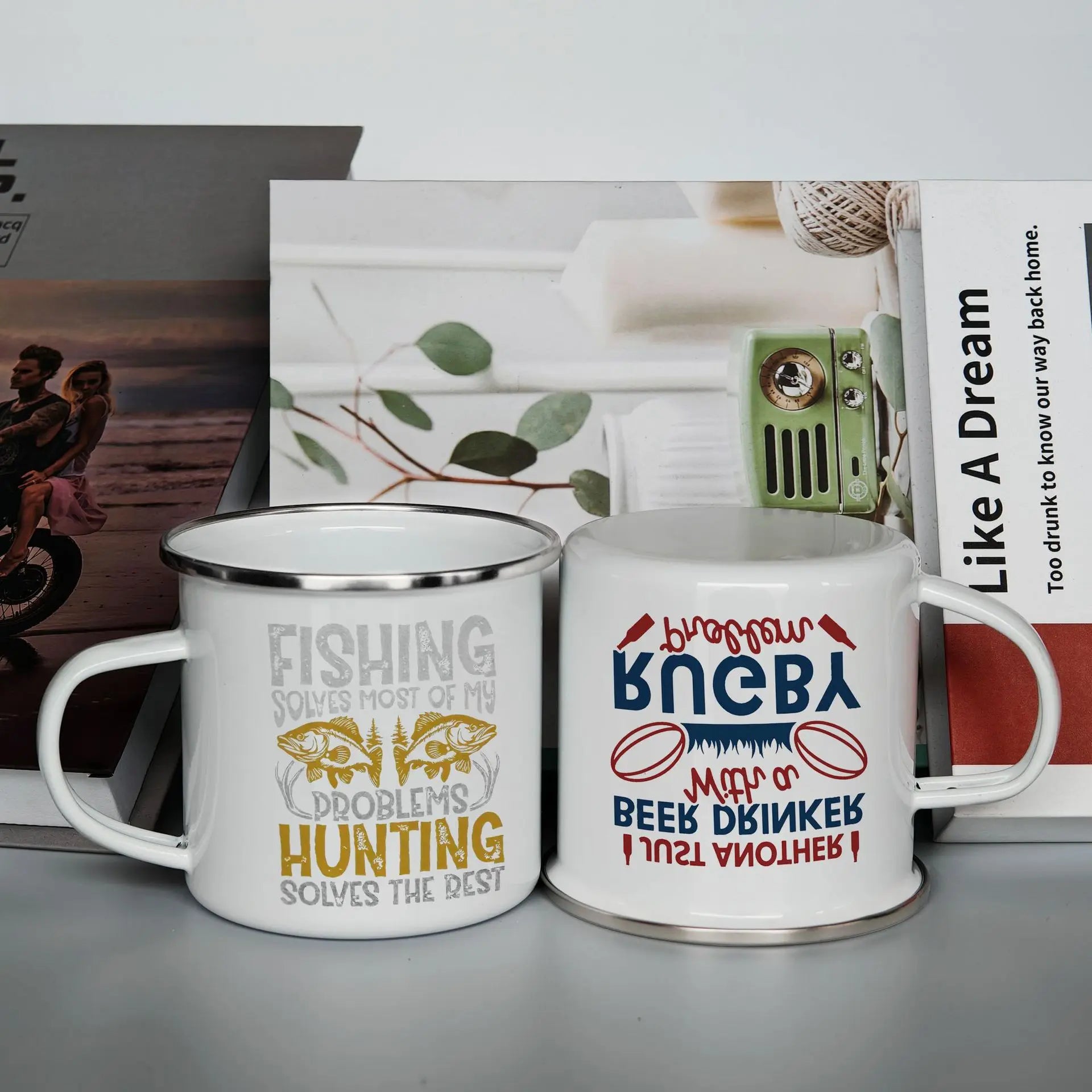 Personalized Enamel Camp Mug with custom name held during outdoor camping trip, showing 350ml capacity and durable enamel finish