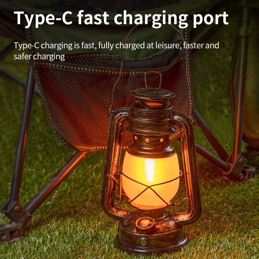 USB Rechargeable Retro Camp Lantern showing rechargeable battery compartment and metal handle detail with vintage-style design