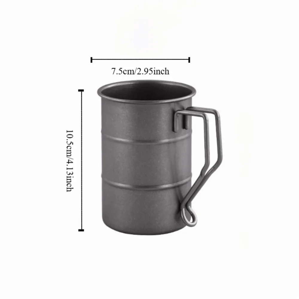 Stainless Steel Retro Camping Mug with Folding Handle displayed from above showing the 350ml capacity and vintage-style design details