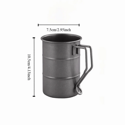 Stainless Steel Retro Camping Mug with Folding Handle displayed from above showing the 350ml capacity and vintage-style design details