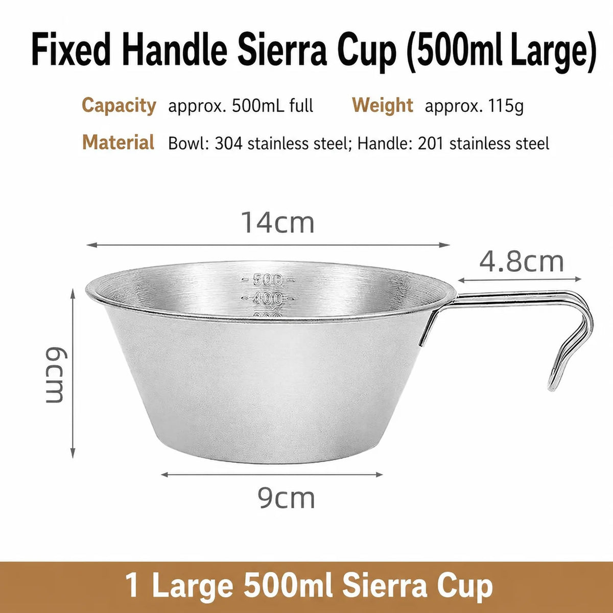 Stainless Steel Sierra Cup, 300 or 500 ml, 500 ml