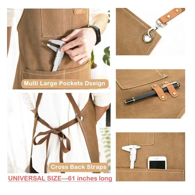 Waxed Canvas Barista Apron laid flat showing full front panel with leather straps and utility pockets