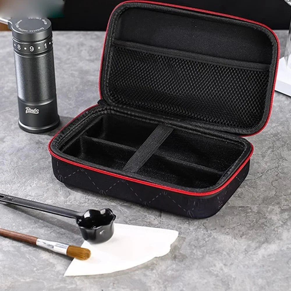 Tactical Coffee Grinder MOLLE Bag in black nylon displayed at an angle showing attachment loops and rugged construction