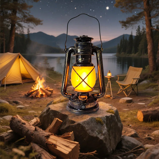 USB Rechargeable Retro Camp Lantern with brass accents and warm LED glow, front view against neutral background