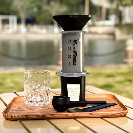 Ridgebrew Manual Piston Coffee Press stainless steel body shown at angle with handle and brewing chamber visible