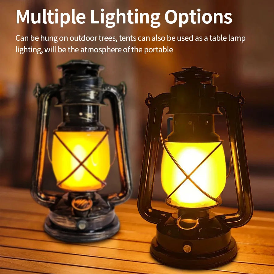 USB Rechargeable Retro Camp Lantern with brass accents displayed at night, glowing warm light in outdoor camping setting