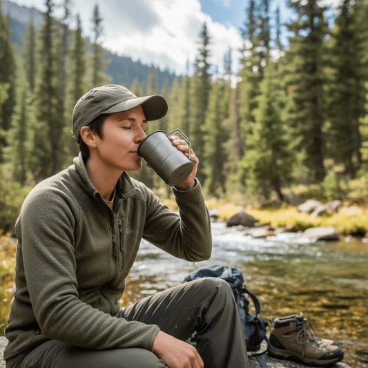 Stainless Steel Retro Camping Mug with Folding Handle displayed front-facing, 350ml capacity, vintage-style design