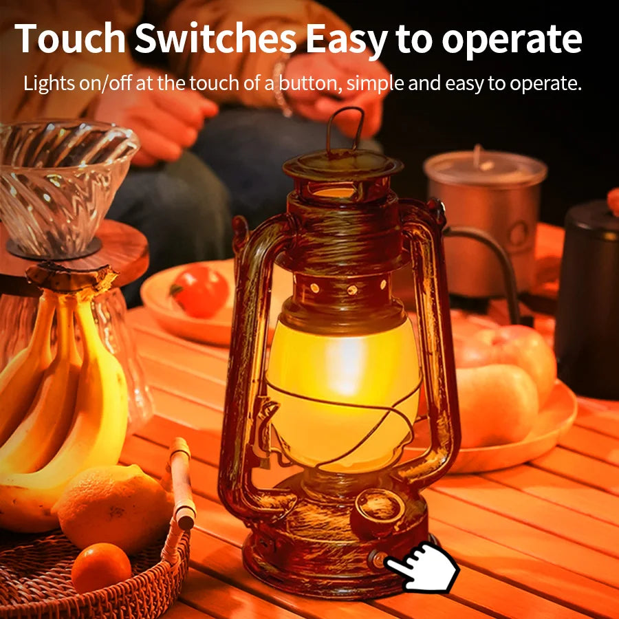 USB Rechargeable Retro Camp Lantern glowing warm light inside a tent during evening camping trip
