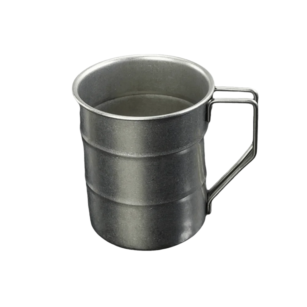 Stainless Steel Retro Camping Mug with Folding Handle displayed from above showing 350ml capacity and vintage-style design details