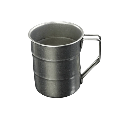 Stainless Steel Retro Camping Mug with Folding Handle displayed from above showing 350ml capacity and vintage-style design details