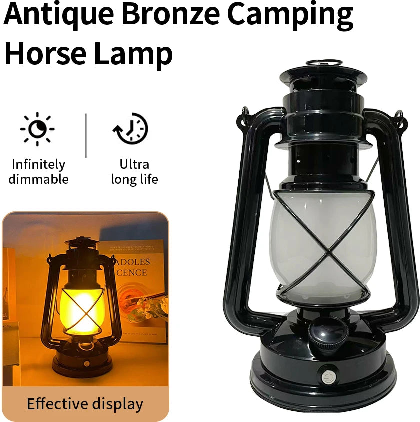 USB Rechargeable Retro Camp Lantern with brass accents displayed against dark background showing vintage design details