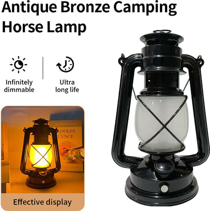 USB Rechargeable Retro Camp Lantern with brass accents displayed against dark background showing vintage design details