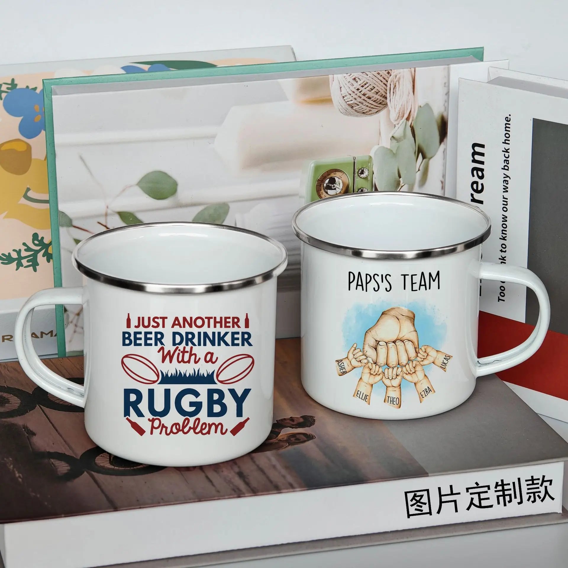 Personalized Enamel Camp Mug showing custom name engraving detail on white ceramic surface with black text