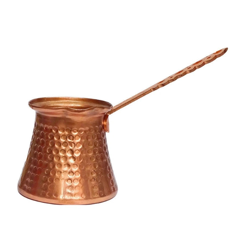 Copper Turkish Coffee Cezve with traditional tapered design and long handle, front view against neutral background