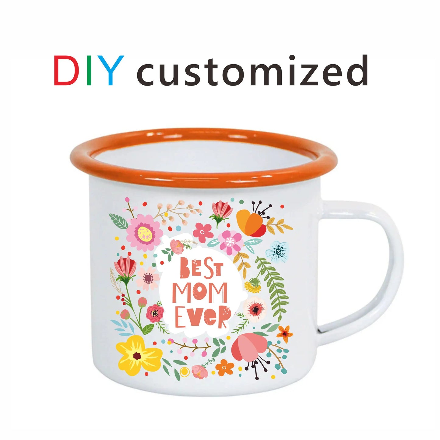 Personalized Enamel Camp Mug with custom name and logo displayed on front, 350ml capacity, white enamel finish