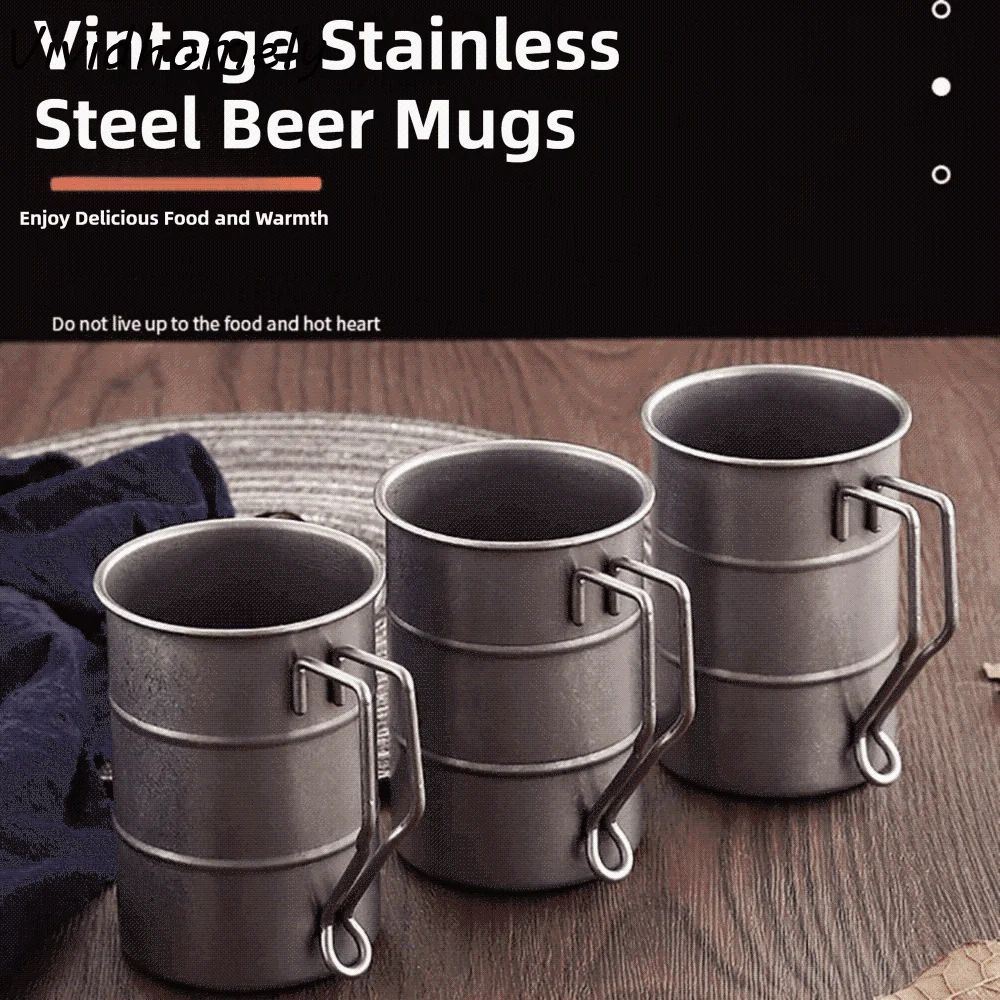 Stainless Steel Retro Camping Mug with Folding Handle displayed at side angle showing curved body and handle design