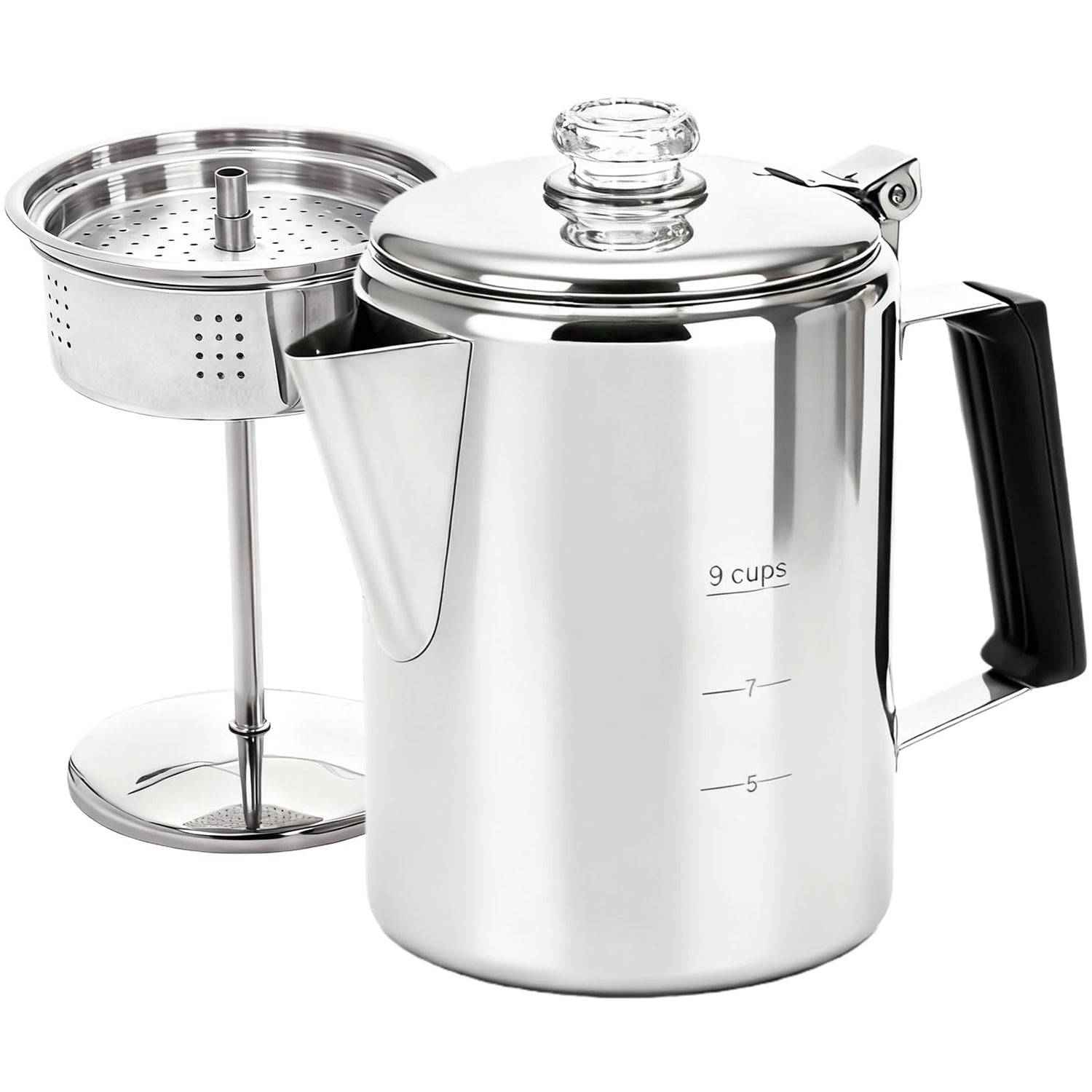 Heritage Stainless Steel Camp Percolator displayed front-facing on neutral background, showing durable metal construction and handle
