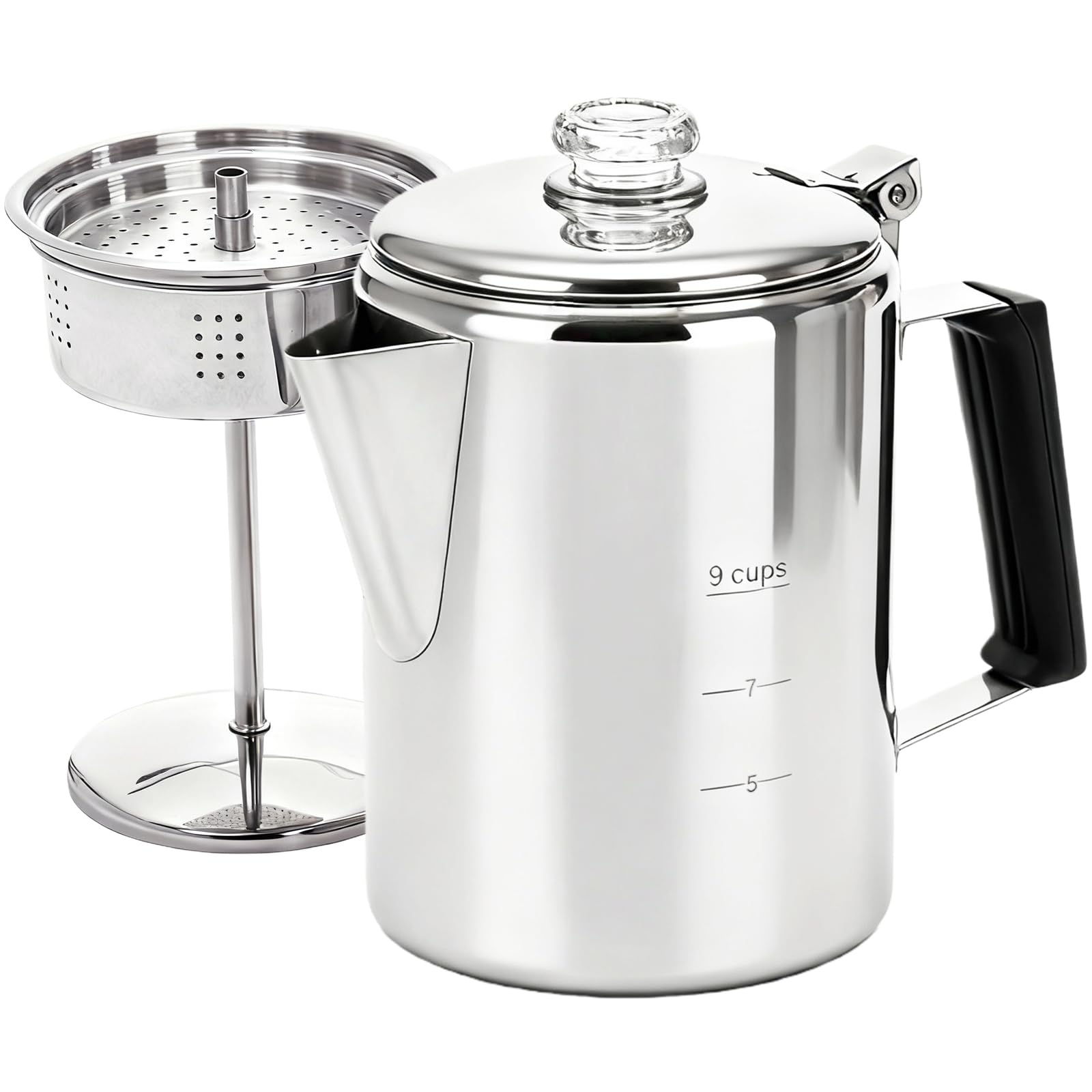 Heritage Stainless Steel Camp Percolator displayed front-facing on neutral background, showing durable metal construction and handle