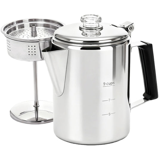 Heritage Stainless Steel Camp Percolator displayed front-facing on neutral background, showing durable metal construction and handle